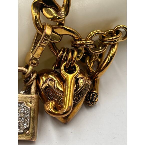 Juicy Couture Gold Tone Pave Padlock With Key Puff 3D Heart and J Charm Bracelet - Picture 2 of 8